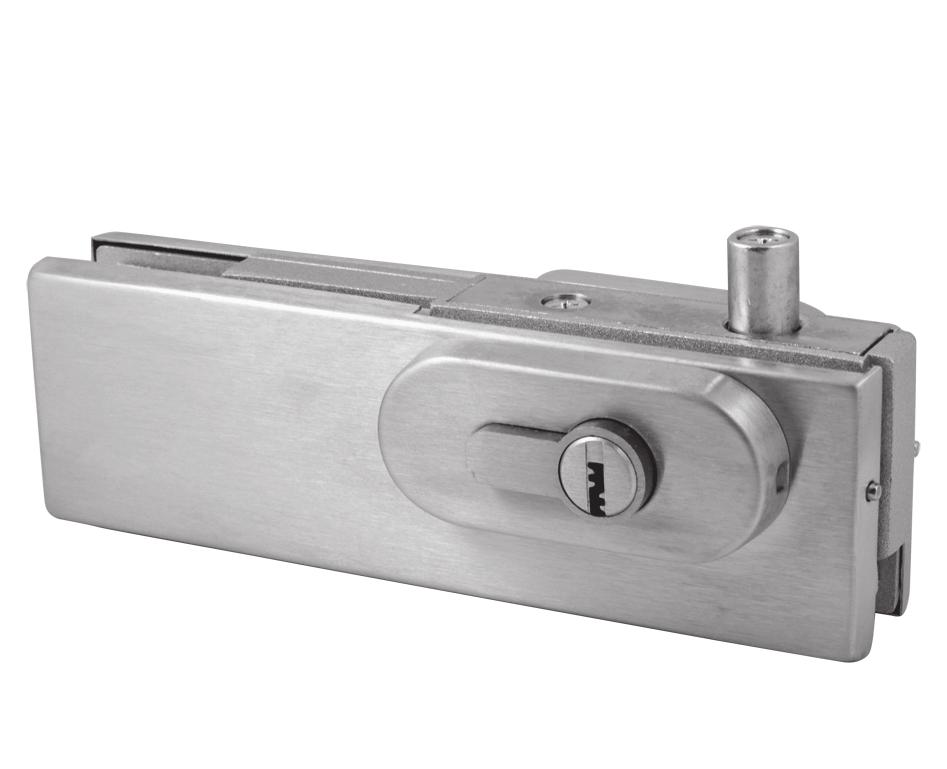 PL 50B ZAMEK NAROŻNY Z WKŁADKĄ TOP OR BOTTOM CORNER PATCH LOCK COMPLETE WITH SINGLE THROW LOCK Grubość szkła 10-12 mm Wycięcie w szkle TAK