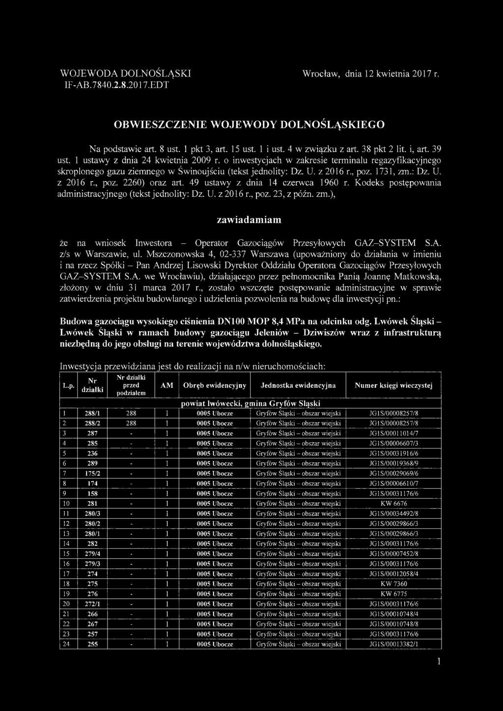 1731, zm.: Dz. U. z 2016 r., poz. 2260) oraz art. 49 ustawy z dnia 14 czerwca 1960 r. Kodeks postępowania administracyjnego (tekst jednolity: Dz. U. z 2016 r., poz. 23, z późn. zm.), zawiadamiam że na wniosek Inwestora - Operator Gazociągów Przesyłowych GAZ-SYSTEM S.