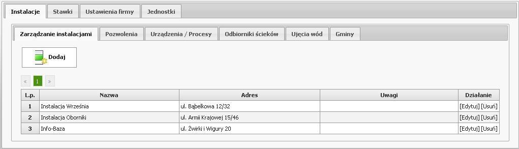 a) Zarządzanie instalacjami Zakładka ta umożliwia dodanie/edycję/usunięcie istniejącej instalacji miejsca w którym fizycznie znajdują się określone