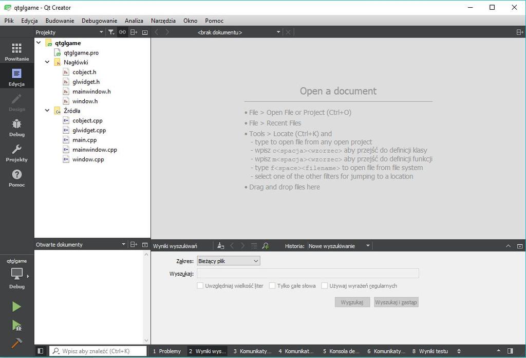 Widok okna QT Creator Widok projektu Uruchom projekt