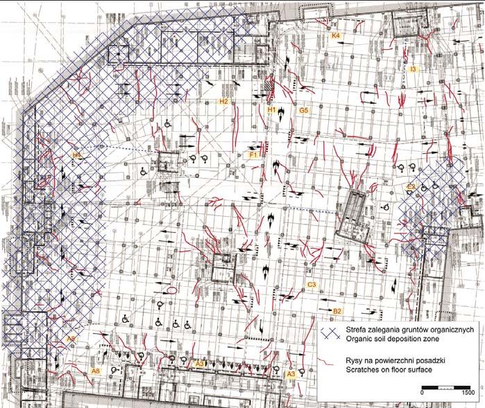 Rys. 2. Fig. 2. Strefy występowania gruntów organicznych na terenie obiektu Organic soil deposition zones within the area of case study Tabela 1.