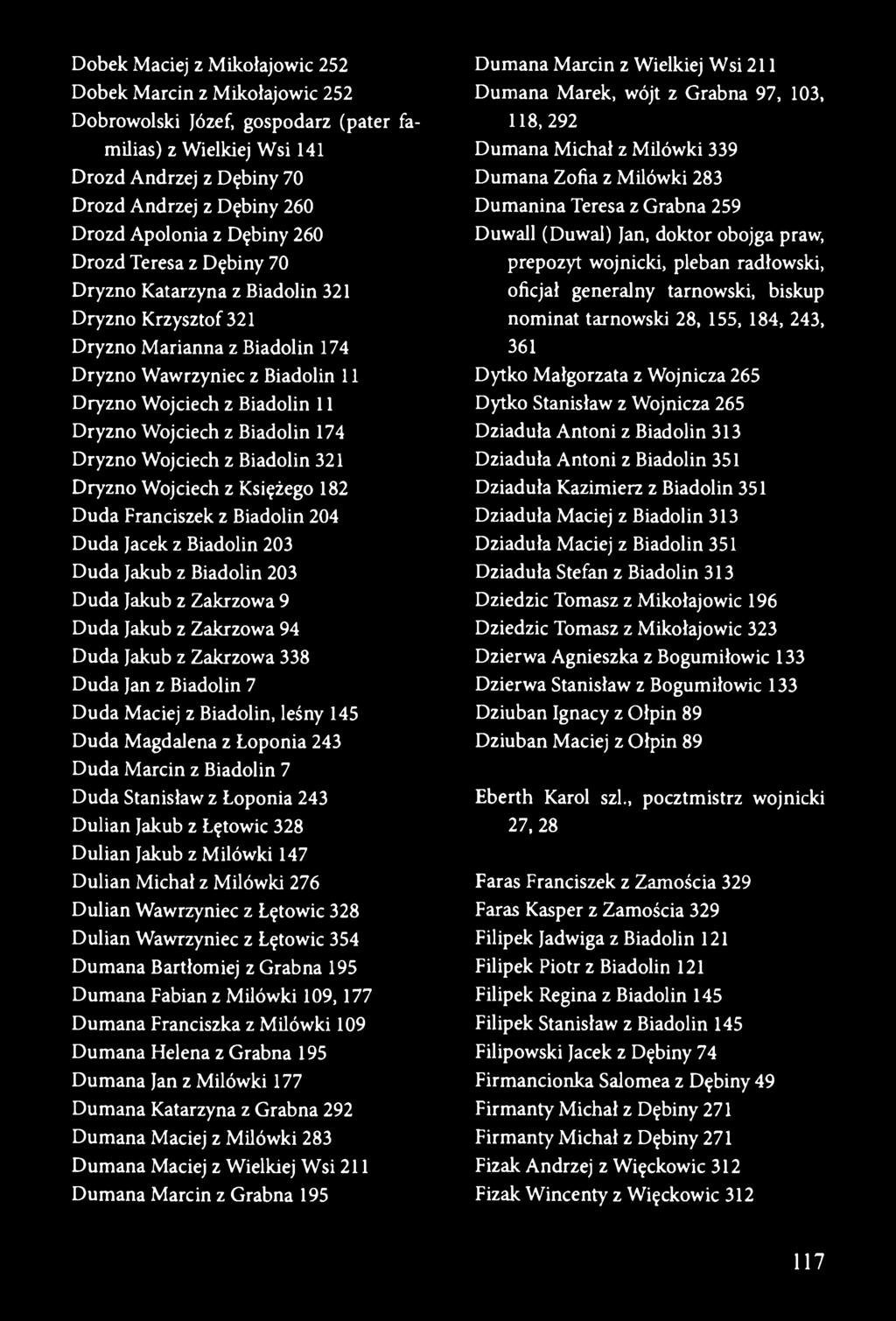 Biadolin 174 Dryzno Wojciech z Biadolin 321 Dryzno Wojciech z Księżego 182 Duda Franciszek z Biadolin 204 Duda Jacek z Biadolin 203 Duda Jakub z Biadolin 203 Duda Jakub z Zakrzowa 9 Duda Jakub z