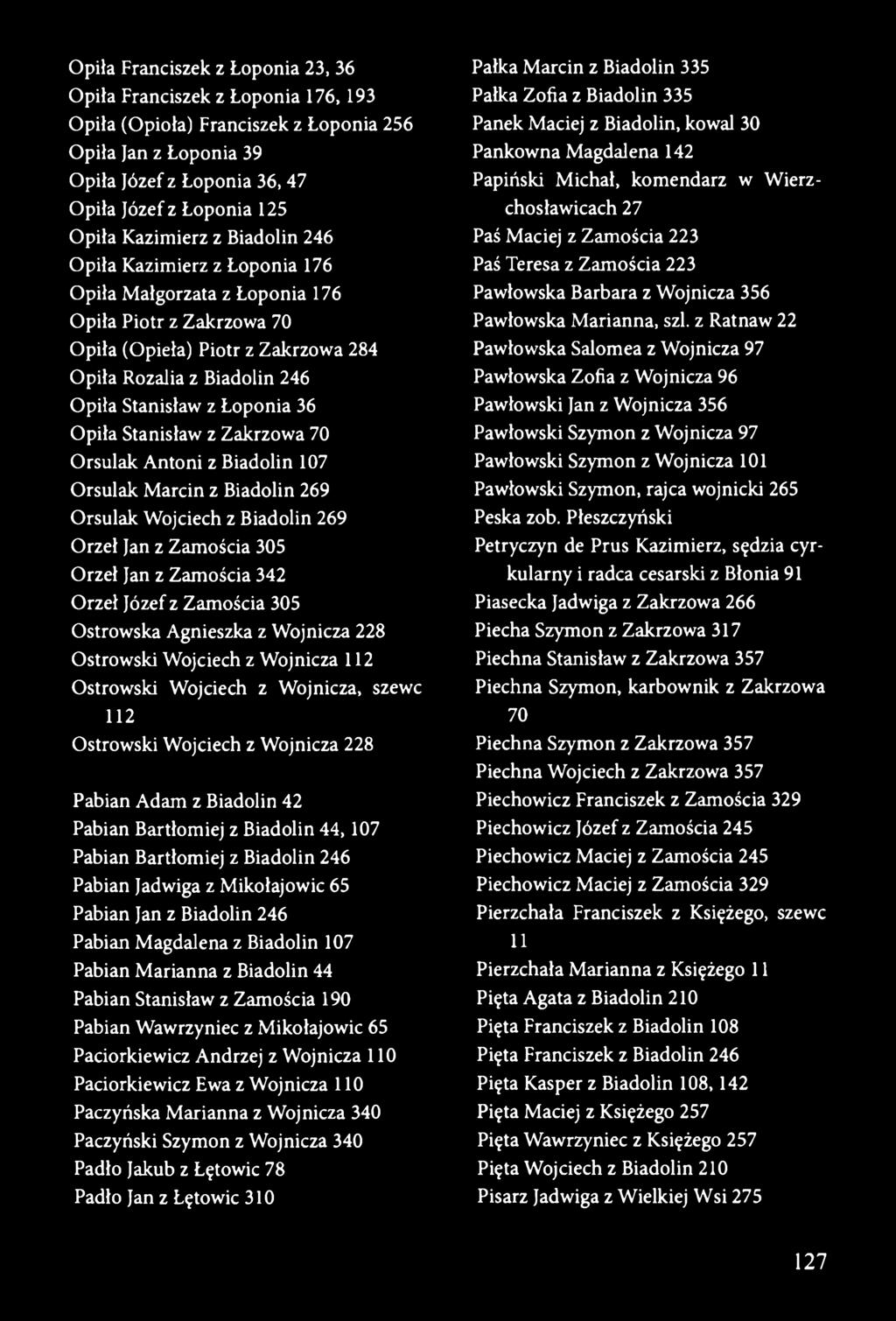 Łoponia 36 Opiła Stanisław z Zakrzowa 70 Orsulak Antoni z Biadolin 107 Orsulak Marcin z Biadolin 269 Orsulak Wojciech z Biadolin 269 Orzeł Jan z Zamościa 305 Orzeł Jan z Zamościa 342 Orzeł Józef z
