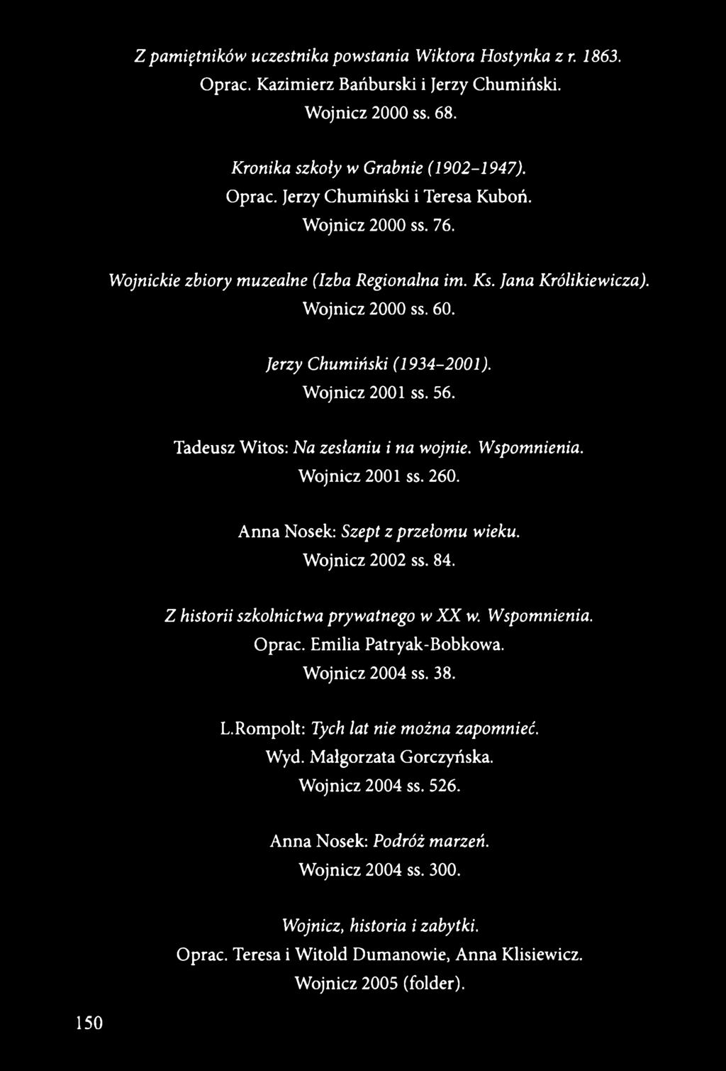 Tadeusz Witos: Na zesłaniu i na wojnie. Wspomnienia. Wojnicz 2001 ss. 260. Anna Nosek: Szept z przełomu wieku. Wojnicz 2002 ss. 84. Z historii szkolnictwa prywatnego w XX w. Wspomnienia. Oprać.