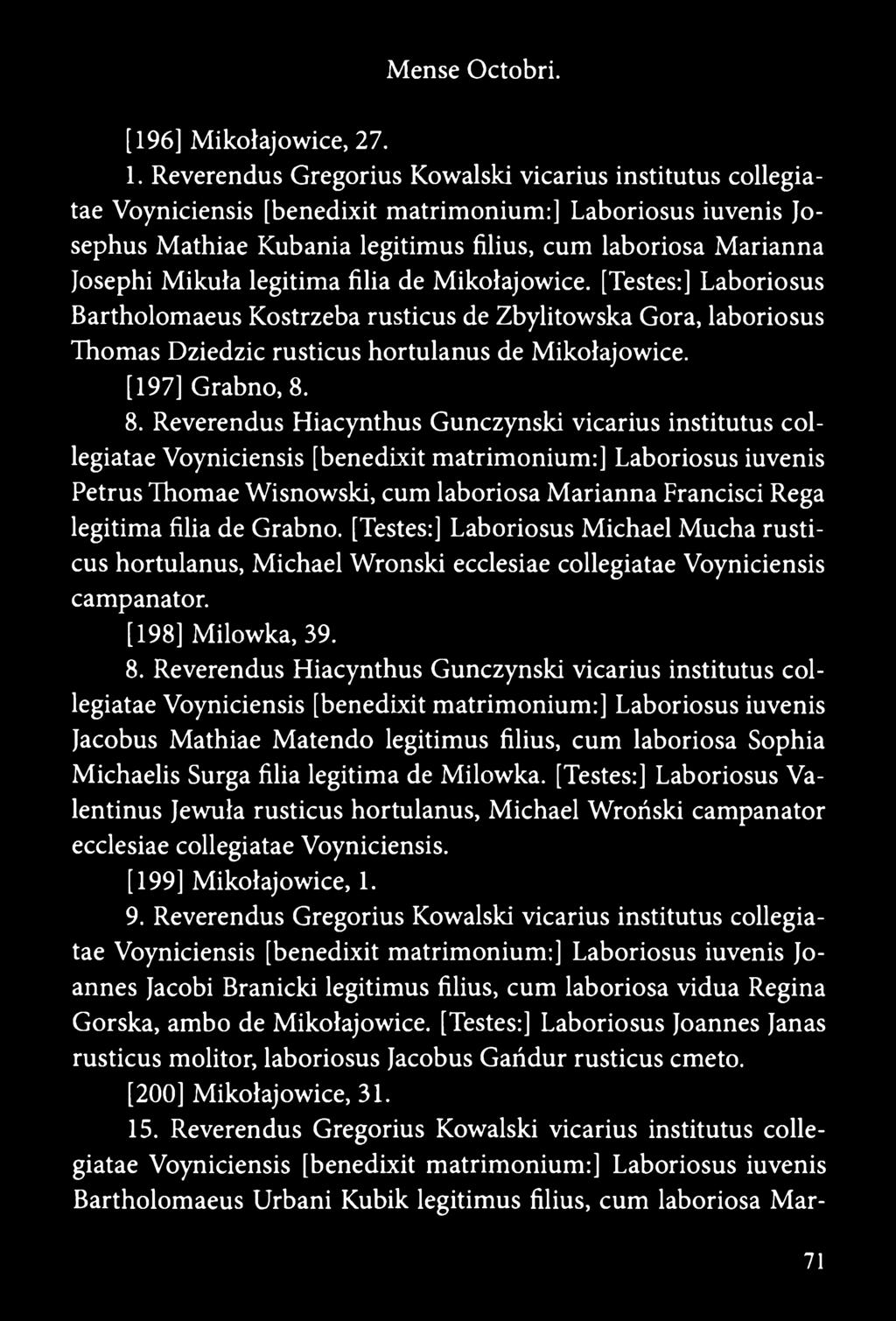 legitima filia de Mikołajowice. [Testes:] Laboriosus Bartholomaeus Kostrzeba rusticus de Zbylitowska Gora, laboriosus Thomas Dziedzic rusticus hortulanus de Mikołajowice. [197] Grabno, 8.
