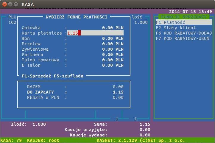 Rozdział 1. 1. Sprzedaż Uruchamiamy poprzez wpisanie kwoty w oknie płatności w polu "Karta płatnicza" i zatwierdzenie klawiszem F1 lub "Sprzedaż".