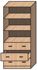 IV Meble drewniane 1 Regał półotwarty z trzema szufladami na dole 7 szt. 2 Regał z witryną i szafką na dole 8 szt. 3 Regał półotwarty z szafką na dole 7 szt.
