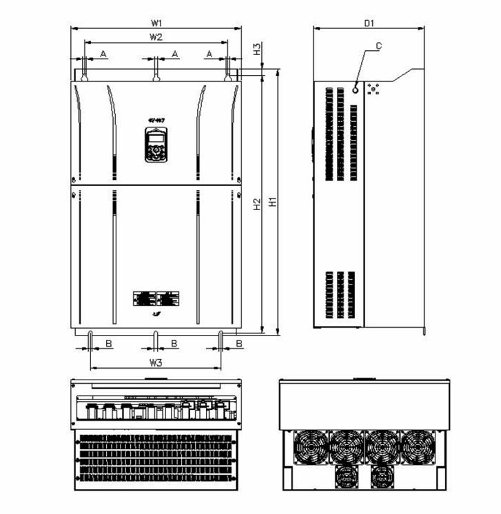 12) SV1850 ~ 2200iS7-4 (400V, IP00 Type) Model W1 W2 W3 H1 H2 H3 D1