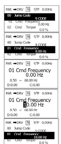 - będąc w grupie PAR pierwsza pojawia się podgrupa napędu DRV - strzałką w dół przechodzimy do parametru DRV 01 (Cmd Frequency) częstotliwość zadana - przyciskamy klawisz PROG - kursor pulsuje i