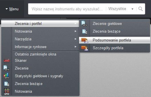 1. Okno Portfel Okno Portfel przedstawia stan aktywów oraz środków pieniężnych posiadanych na aktywnym rachunku inwestycyjnym.