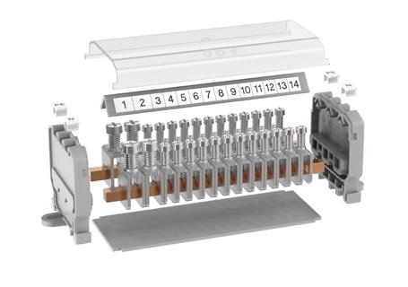 Listwy zaciskowe N/PE modularne Modularny system N/PE jest stosowany w rozdzielnicach dla zapewnienia bezpiecznego i pewnego połączenia obwodów neutralnych i uziemienia.