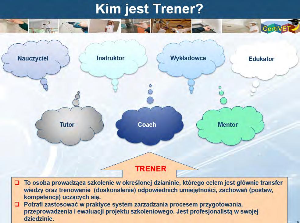 kompetencyjnych trenera w kształceniu i szkoleniu zawodowym w branży budowlanej, będzie składał się z dwóch kompetencji: trenerskiej oraz specjalistycznej związanej z wykonywaniem prac budowlanych