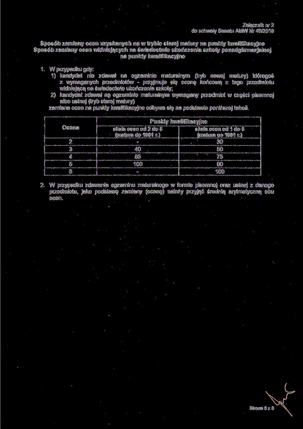 Załącznik nr 2 do uchwały Senatu AMW Nr 40/208 Sposób zamiany ocen uzyskanych na w trybie starej matury na punkty kwalifikacyjne Sposób zamiany ocen widniejących na świadectwie ukończenia szkoły