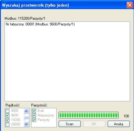 D1 30 DTR.PC.PR.SG.MODBUS W otwartym oknie należy skonfigurować parametry wyszukiwania przetwornika związane z prawdopodobnymi ustawieniami transmisji.