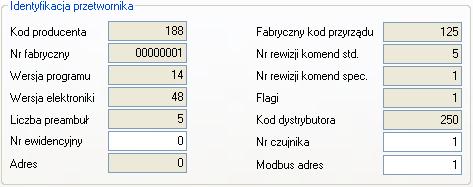 D1 32 DTR.PC.PR.SG.MODBUS 5.2. Odczyt identyfikacyjny przetwornika Przykład ramki danych identyfikacyjnych. Wartości tylko do odczytu są wyszarzone.