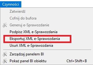 Czynność Eksportuj XML e-sprawozdania Plik e-sprawozdania Finansowego musi zostać podpisany przez wszystkie wymagane osoby za pomocą podpisu kwalifikowanego lub profilu zaufanego.