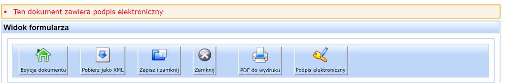 W formularzu pojawi się informacja Ten dokument zawiera podpis elektroniczny.