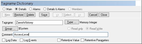 Pojawi się okno Tagname Dictionary, w którym naciskając przycisk New należy zdefiniować nową zmienną.