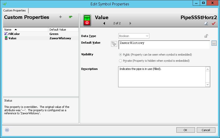 W oknie Edit Custom Properties dla właściwości Value w polu Default Value pojawi się zmienna ZaworWlotowy. Naciskając przycisk OK należy opuścić okno Edit Custom Properties.