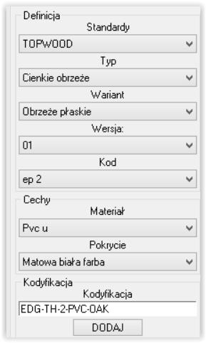 Tryb Pod złożenie dla panelu wyświetla obrzeża i laminaty w oddzielnych liniach w BOM-ie. - Obrzeże: Odejmij. - Odznacz opcję Twórz laminat.