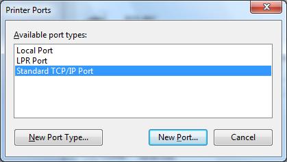 Dodawanie portu IP (połączenie przez interfejs LAN) Po zainstalowaniu sterownika drukarki, jeżeli do połączenia z drukarką będzie wykorzystywany interfejs LAN, to konieczne jest wcześniejsze dodanie