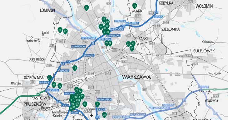 POLAND INDUSTRIAL DESTINATIONS WARSZAWA I MAPA LOKALIZACJI WYBRANE PRZEMYSŁOWE I LOGISTYCZNE PARKI Wybrane istniejące parki 1. 7R City Flex Airport I 2. Agmet Marywilska 3. Agmet Stągiewna 4.