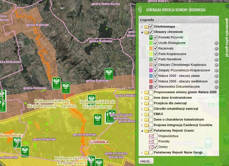 Rysunek 13. Obszarowe formy ochrony przyrody na terenie Gminy Bolimów POMNIKI PRZYRODY Źródło: http://geoserwis.gdos.gov.pl/ Wg ustawy z dnia 16 kwietnia 2004 r.