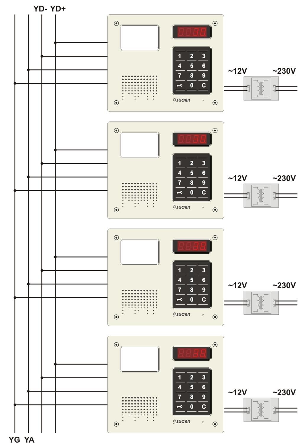 2.3.2 Instalacja sieci dla konfiguracji wielokasetowej (tryb YR) Magistrala YR (komunikacji między kasetami) składa się z czterech żył.