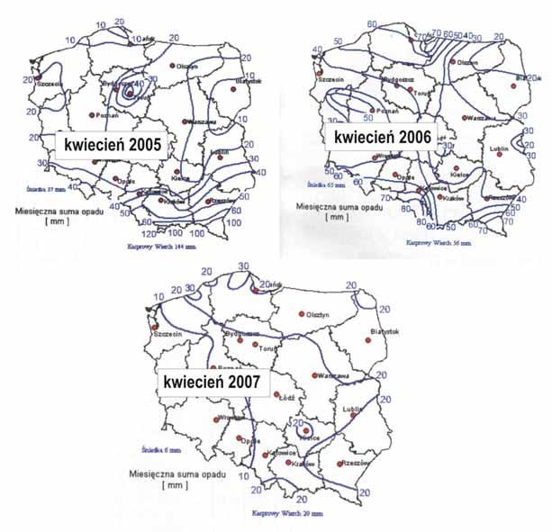 Według danych IMGW w okresie 2005 2007, najwilgotniejszym rokiem był w województwie podkarpackim rok 2005, z miesięcznymi sumami opadów 50 100 mm w kwietniu oraz 90 150 mm w maju.