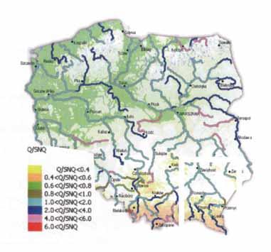 Najniższe przepływy w odniesieniu do wartości średniej z najniższych przepływów w wieloleciu obserwowano na Sanie na odcinku między Przemyślem a Jarosławiem (Q/SNQ w