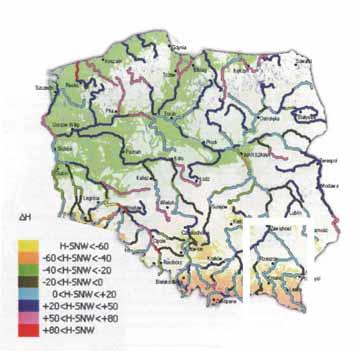 Rys. 18. Stan wody w rzekach [cm] (30 czerwca 2007 r.) w odniesieniu do stanu średniego niskiego (źródło: dane IMGW) [cm] Odpływ rzeczny dla czerwca był niższy od norm.