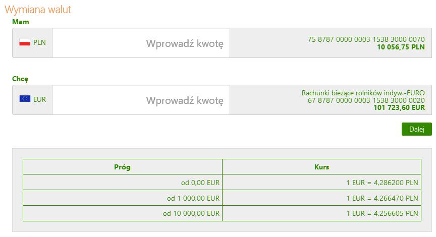 Wymiana walut Kwotę waluty można podać: w oknie z obszaru Mam w oknie z obszaru Chcę Po podaniu kwoty następuje automatyczne przeliczenie i w tabeli poniżej wyświetlane są informacje dotyczące progów