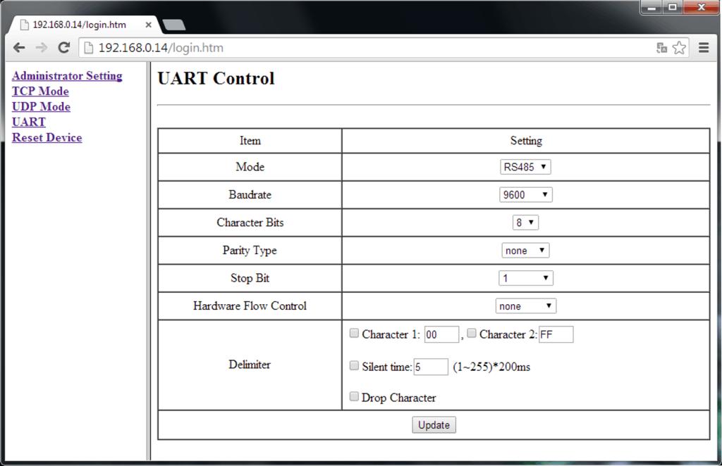 UART ustawienia komunikacji Modbus Mode - typ sieci komunikacyjnej modbus.