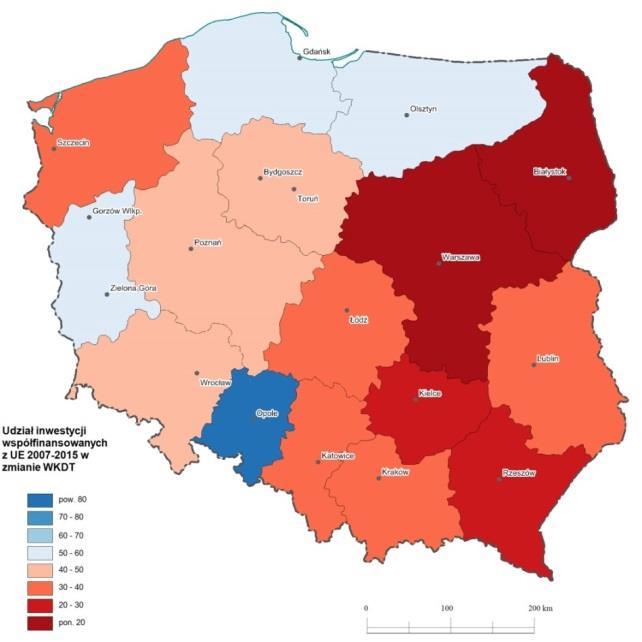 Zmiana procentowa wskaźnika dostępności kolejowej WKDT w wyniku wszystkich inwestycji współfinansowanych przez Unię