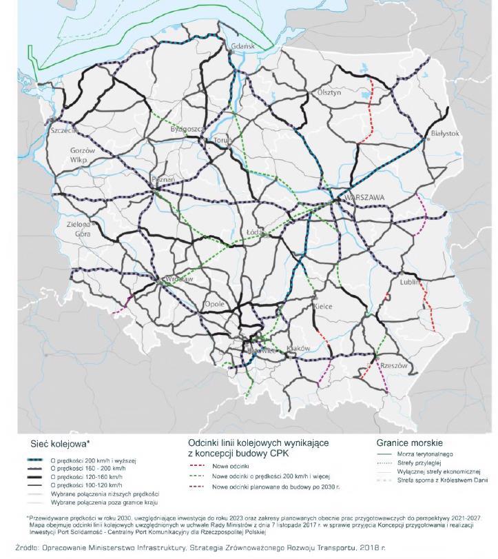 Przewidywane prędkości linii kolejowych w roku 2030, uwzględniające inwestycje
