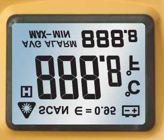 5. Wartość emisyjności 6. Drugi wyświetlacz temperatury 7. Symbol jednostki temperatury F 8. Symbol jednostki temperatury C 9. Symbol wyczerpanej baterii 10. Symbol zatrzymania odczytu 11.