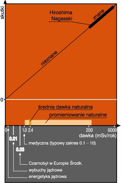 Na podstawie danych z Hiroszimy i Nagasaki przyjmuje się, że zależność dawka - efekt dla promieniowania jonizującego jest dla dużych dawek linią prostą.