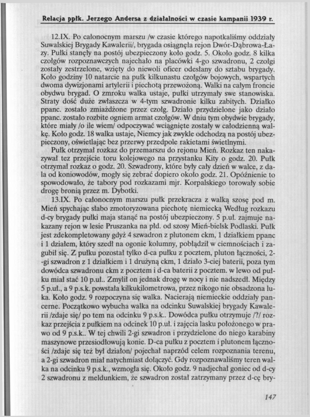 Relacja ppłk. Jerzego Andersa z działalności w czasie kampanii 1939 r. 12.IX.