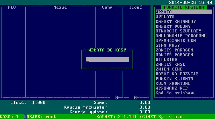 Opis funkcji menu 4. F5 - Funkcje kasjera 4.1. F1 Wpłata Uaktywnienie opcji spowoduje wyświetlenie okna pobierającego kwotę wpłaty do kasy. Rysunek 4.4. Wpłata do kasy. 4.2. F2 Wypłata Wypłata z Kasy.