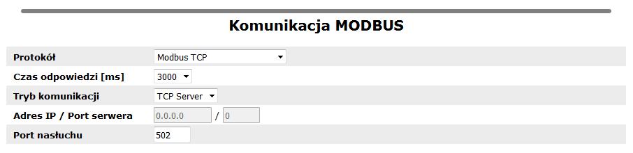 2.6. Konfiguracja parametrów MODBUS Protokół Można wybrać rodzaj protokołu MODBUS: 'Modbus TCP' lub 'Modbus RTU over TCP'. Połączenie Modbus TCP odbywa się na porcie 502.