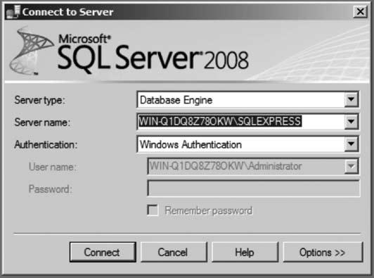 W menu Start powinna pojawić się grupa Microsoft SQL Server 2008, zawierająca m.in. skrót do narzędzia SQL Server management Studio. Spróbujmy je uruchomić (rys. 13). Rysunek 13.