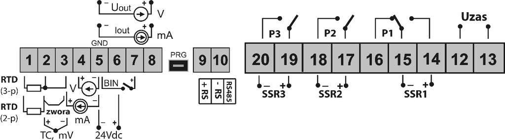 transmisji MODBUS-RTU), w AR602 interfejs RS485 wyklucza wyjście analogowe oraz wejście binarne (zgodnie z kodem zamówienia) 12-13 wejście zasilające 230Vac lub 24Vac/dc 14-15-16 wyjście przekaźnika