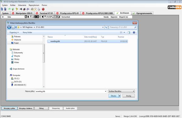 Po kliknięciu przycisku pojawi się okno (eksplorator Windows), w którym należy odszukać zapisane archiwum i otworzyć plik o nazwie eventlog.