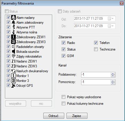 Domyślnie aktywny jest filtr zdarzeń.