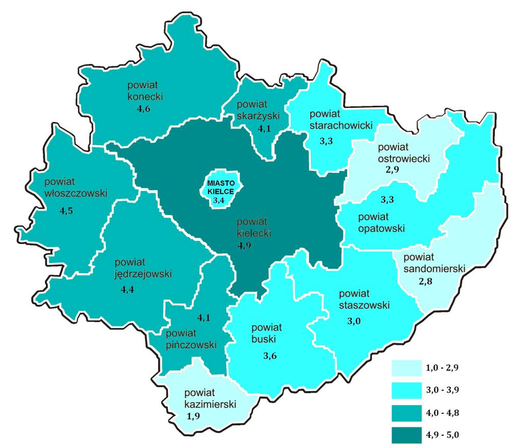 Mapa 2. Natężenie zjawiska przemocy w rodzinie w powiatach regionu świętokrzyskiego w 2016r. Źródło: Opracowanie własne ROPS na podstawie sprawozdania CAS.