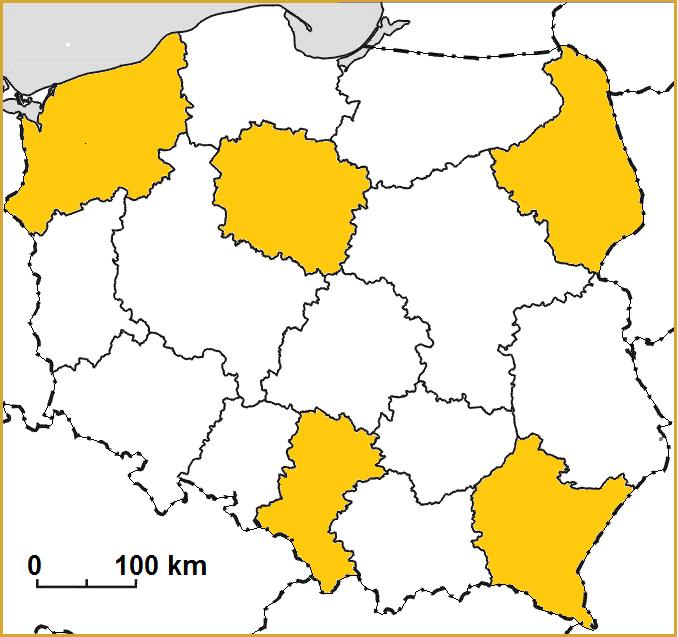 Zadanie 25. /0-2p./ Danym statystycznym zawartym w tabeli przyporządkuj nazwy województw zaznaczonych kolorem na mapie. Tab.