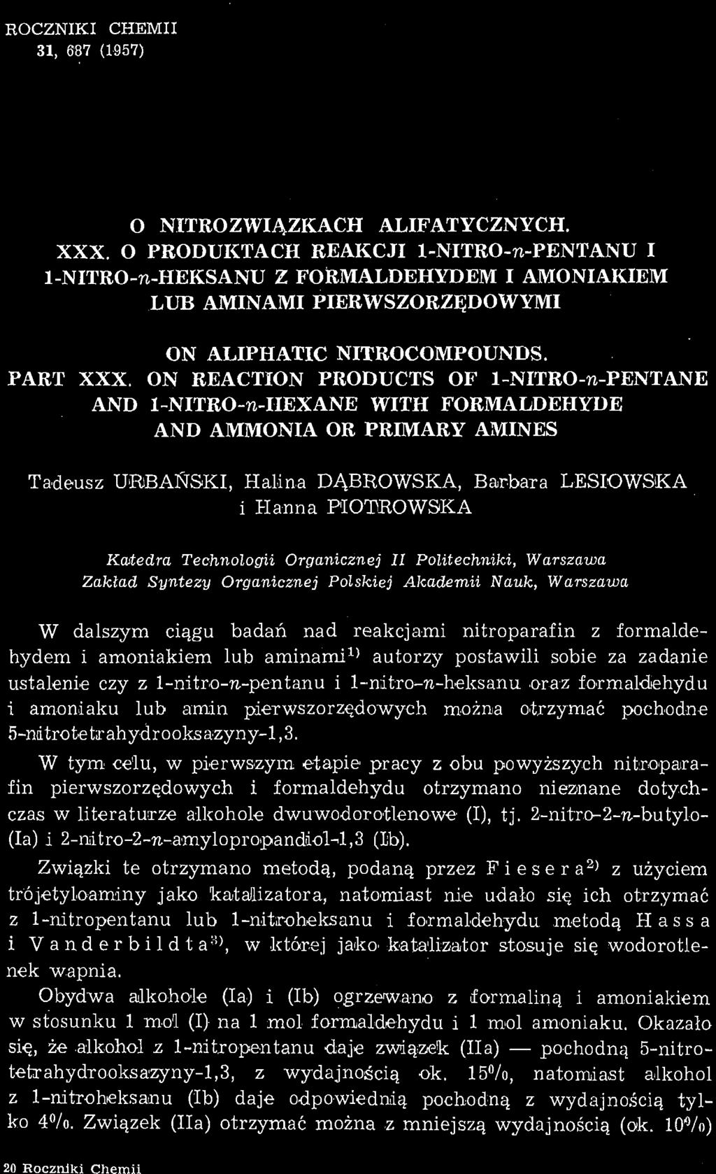 ROCZNIKI CHEMII 31, 687 (1957) O NITROZWIĄZKACH ALIFATYCZNYCH. XXX.