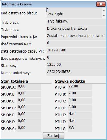 drukarki i wyświetlić je w oknie dialogowym [Informacje kasowe].