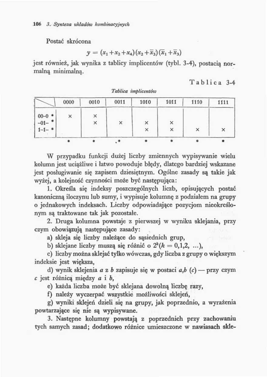 106 3. Synteza układów kombinacyjnych Postać skrócona y = (i + + x 4 jest również, jak wynika z tablicy impliccntów (tybl. 3-4), postacią normalną minimalną.