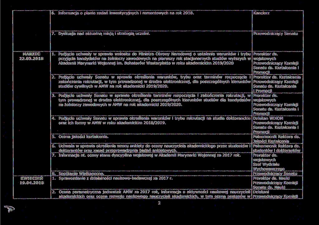 MARZEC 22.03.2018 KWIECIEŃ 19.04.2018 6. Informacja o planie zadań inwestycyjnych i remontowych na rok 2018. 7. Dyskusja nad aktualną misją i strategią uczelni. 1. Podjęcie uchwały w sprawie wniosku do Ministra Obrony Narodowej o ustalenie warunków i trybu Prorektor ds.